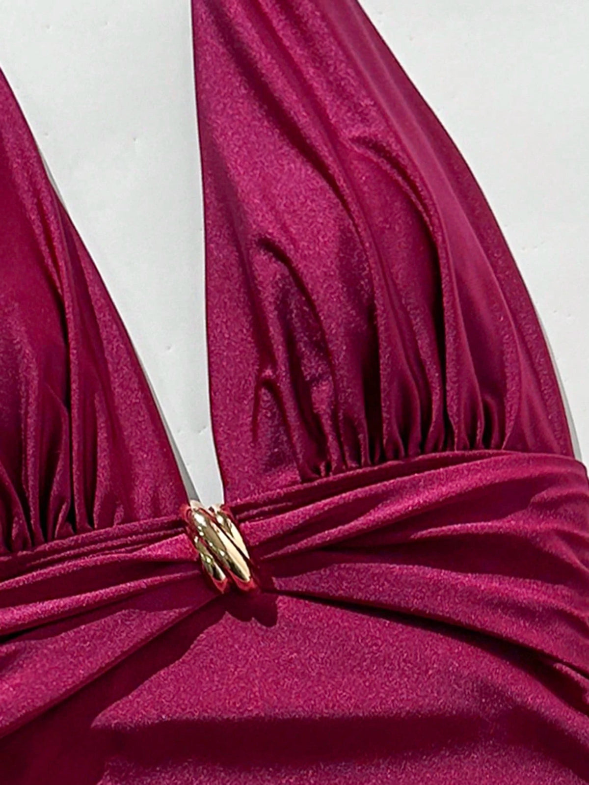 Swim Chiccia Women's Burgundy Summer Elegant Beach Vacation Holiday Holiday One-Piece Swimsuit,Shimmery Fabric Metal Decor Deep V-Neck Drawstring Sides Dress