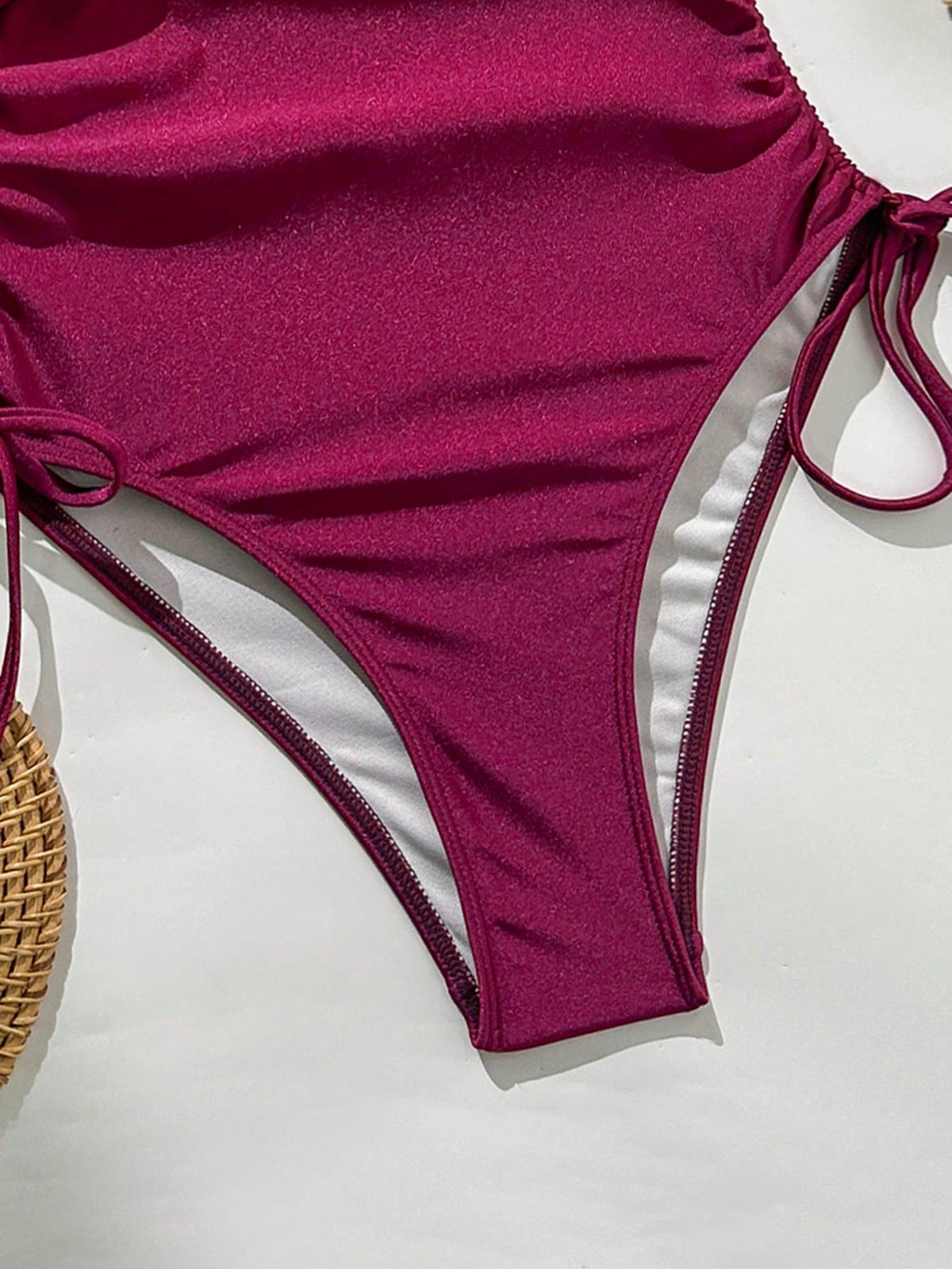 Swim Chiccia Women's Burgundy Summer Elegant Beach Vacation Holiday Holiday One-Piece Swimsuit,Shimmery Fabric Metal Decor Deep V-Neck Drawstring Sides Dress