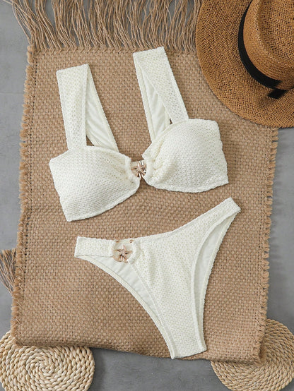 Swim Chiccia Women's Casual Vacation Beach Party Elegant Solid Color Special Fabric Summer Thick Strap Two Pieces Bikini Swimwear Set Womans Bikini Sets