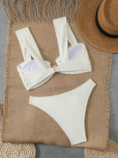 Swim Chiccia Women's Casual Vacation Beach Party Elegant Solid Color Special Fabric Summer Thick Strap Two Pieces Bikini Swimwear Set Womans Bikini Sets