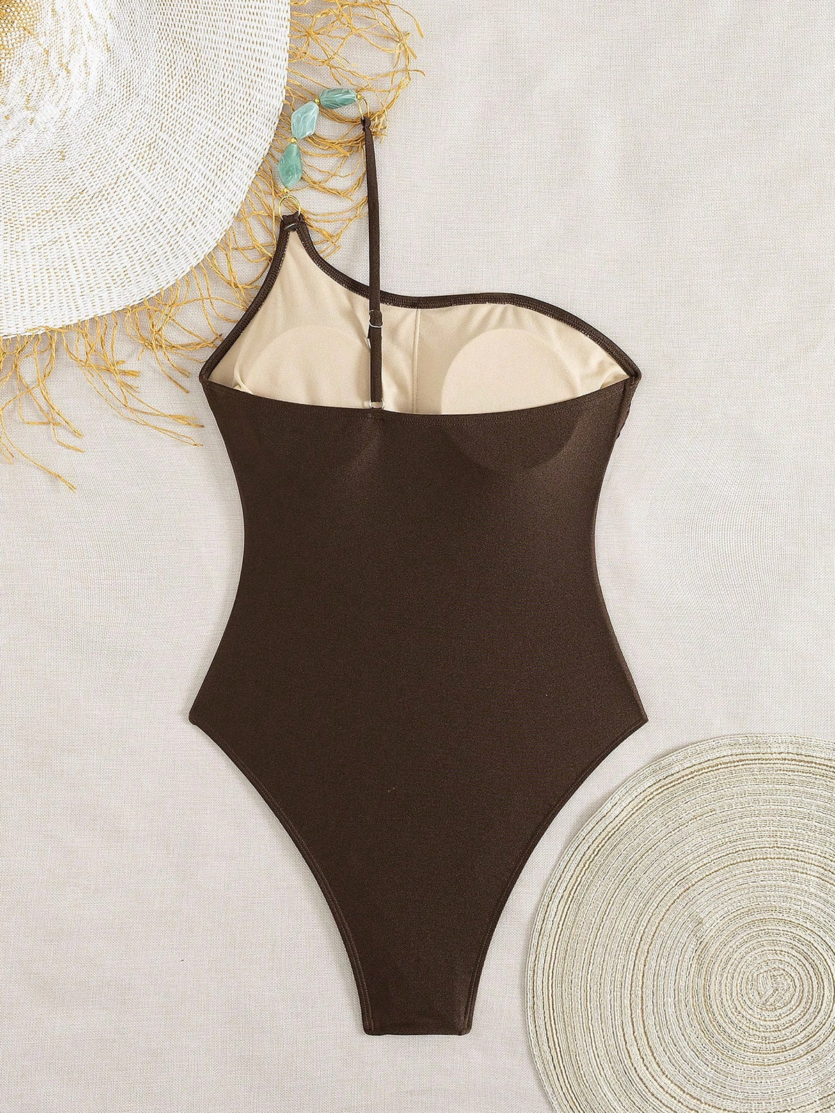Swim Chiccia Women's Summer Beach Music Festival Uneven Neckline Beaded Shimmer Lace-Up Backless One-Piece Swimsuit, Elegant Resort Style