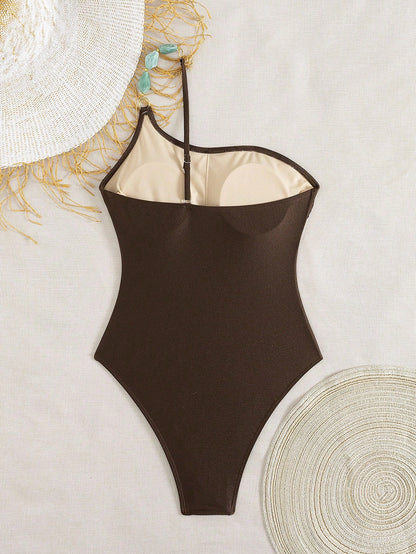 Swim Chiccia Women's Summer Beach Music Festival Uneven Neckline Beaded Shimmer Lace-Up Backless One-Piece Swimsuit, Elegant Resort Style