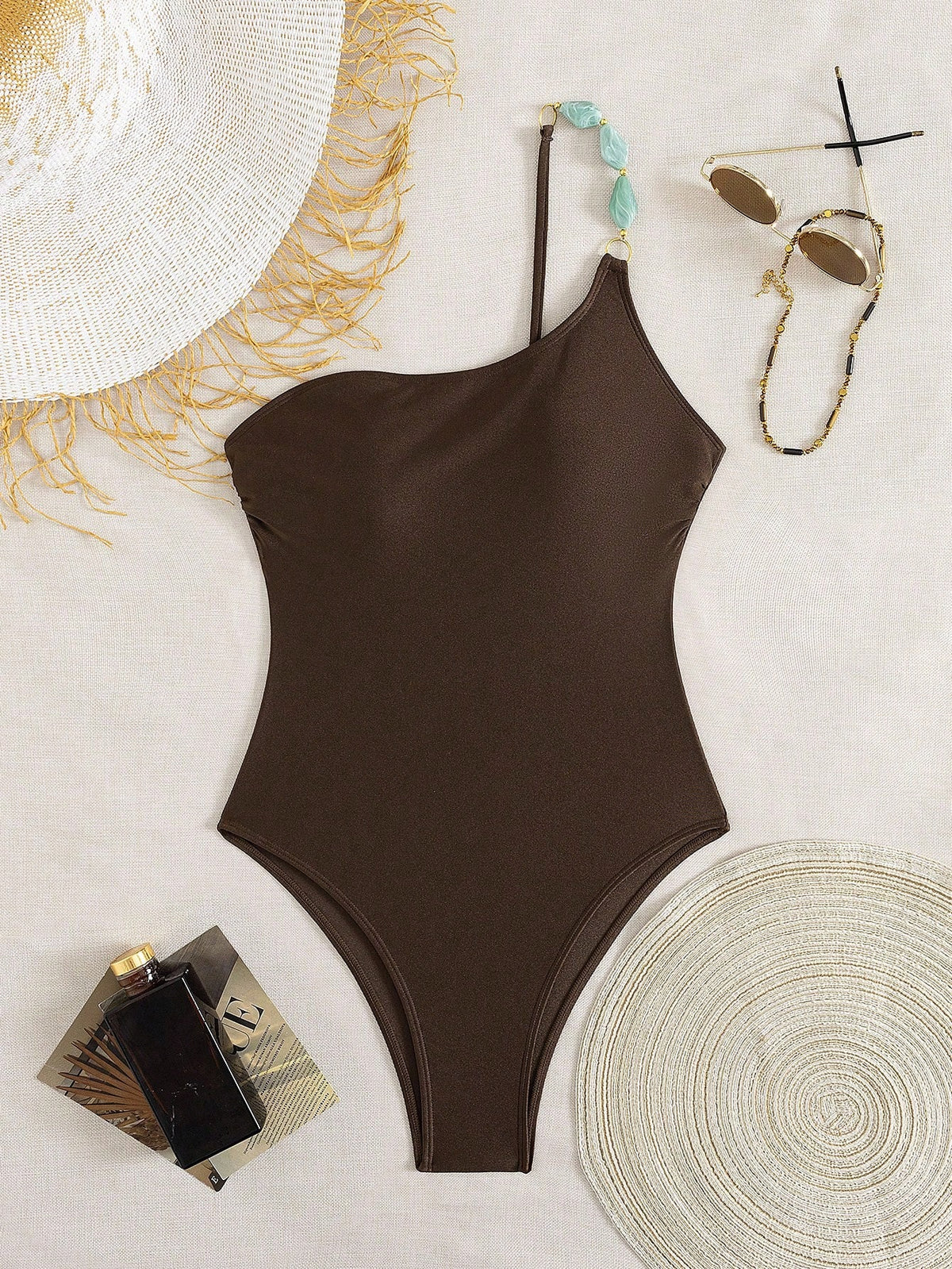 Swim Chiccia Women's Summer Beach Music Festival Uneven Neckline Beaded Shimmer Lace-Up Backless One-Piece Swimsuit, Elegant Resort Style