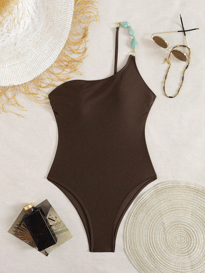Swim Chiccia Women's Summer Beach Music Festival Uneven Neckline Beaded Shimmer Lace-Up Backless One-Piece Swimsuit, Elegant Resort Style