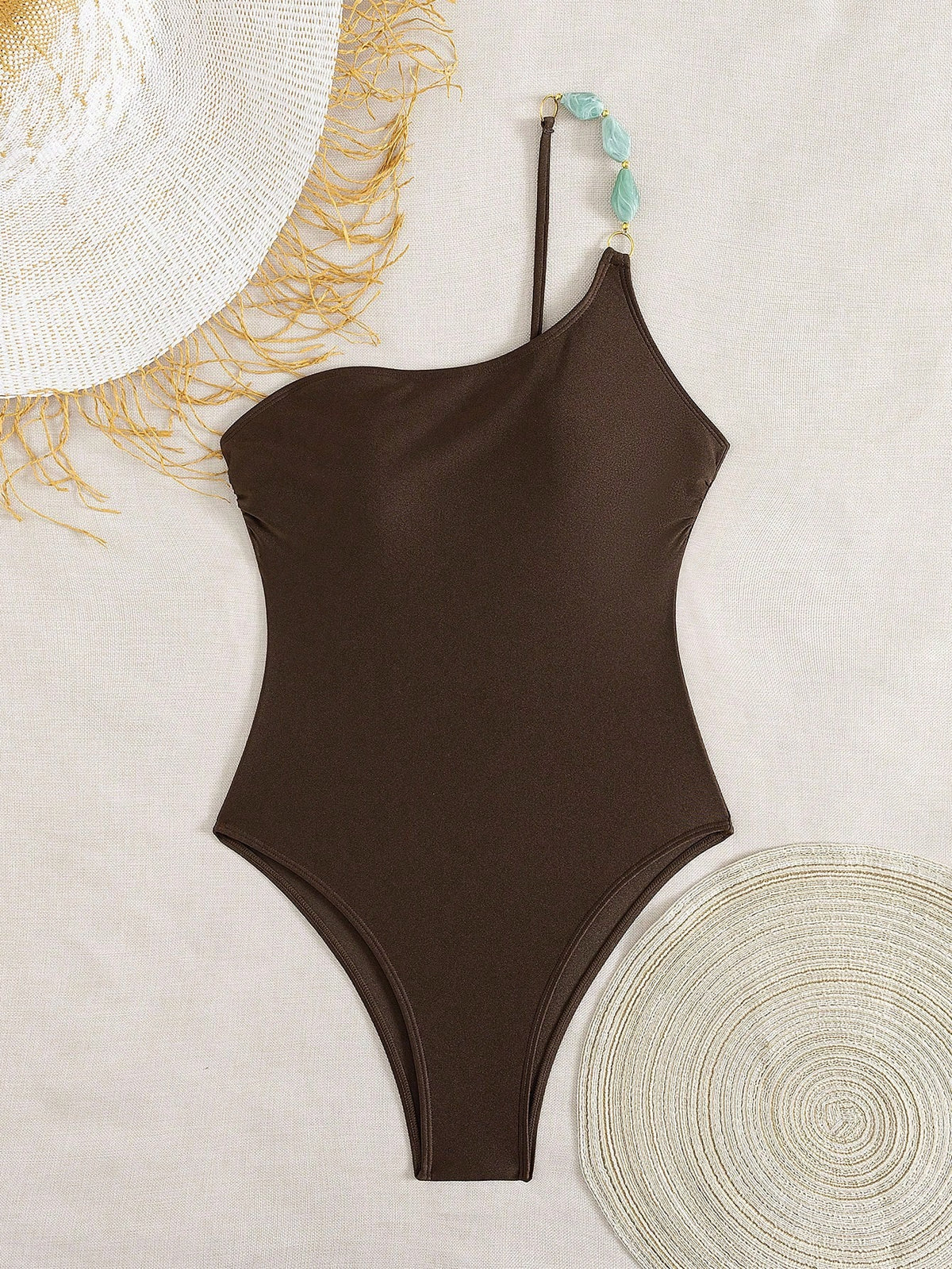 Swim Chiccia Women's Summer Beach Music Festival Uneven Neckline Beaded Shimmer Lace-Up Backless One-Piece Swimsuit, Elegant Resort Style
