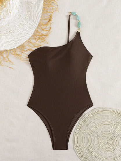 Swim Chiccia Women's Summer Beach Music Festival Uneven Neckline Beaded Shimmer Lace-Up Backless One-Piece Swimsuit, Elegant Resort Style