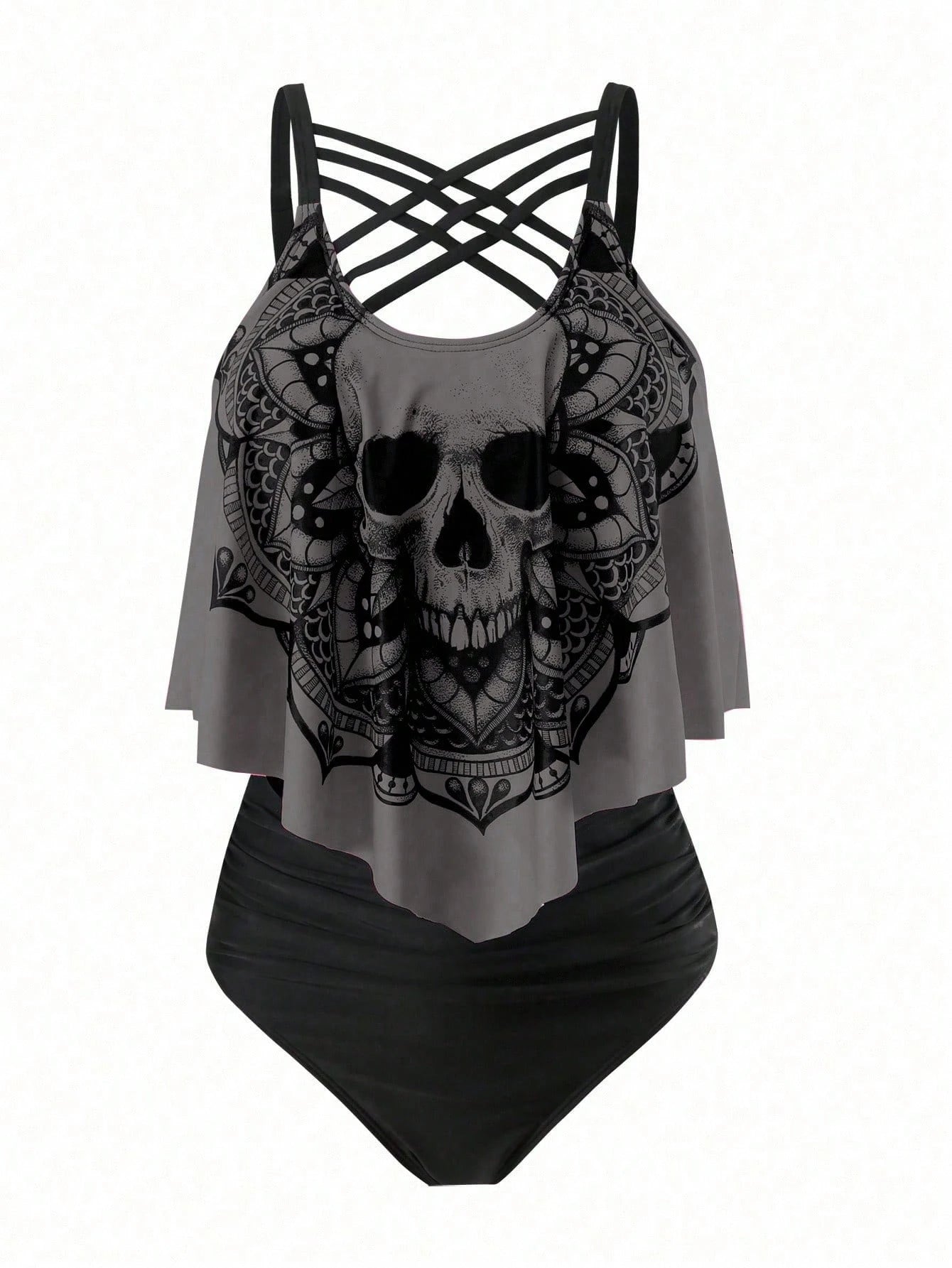Swim Curve Plus Size Summer Beach Skull Print Asymmetrical Hem Spaghetti Strap Top And Ruched Bottom Tankini Set, Perfect For Pool Party, Halloween