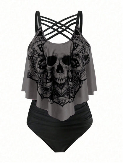 Swim Curve Plus Size Summer Beach Skull Print Asymmetrical Hem Spaghetti Strap Top And Ruched Bottom Tankini Set, Perfect For Pool Party, Halloween