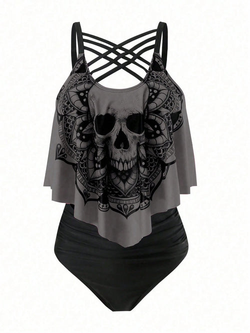 Swim Curve Plus Size Summer Beach Skull Print Asymmetrical Hem Spaghetti Strap Top And Ruched Bottom Tankini Set, Perfect For Pool Party, Halloween
