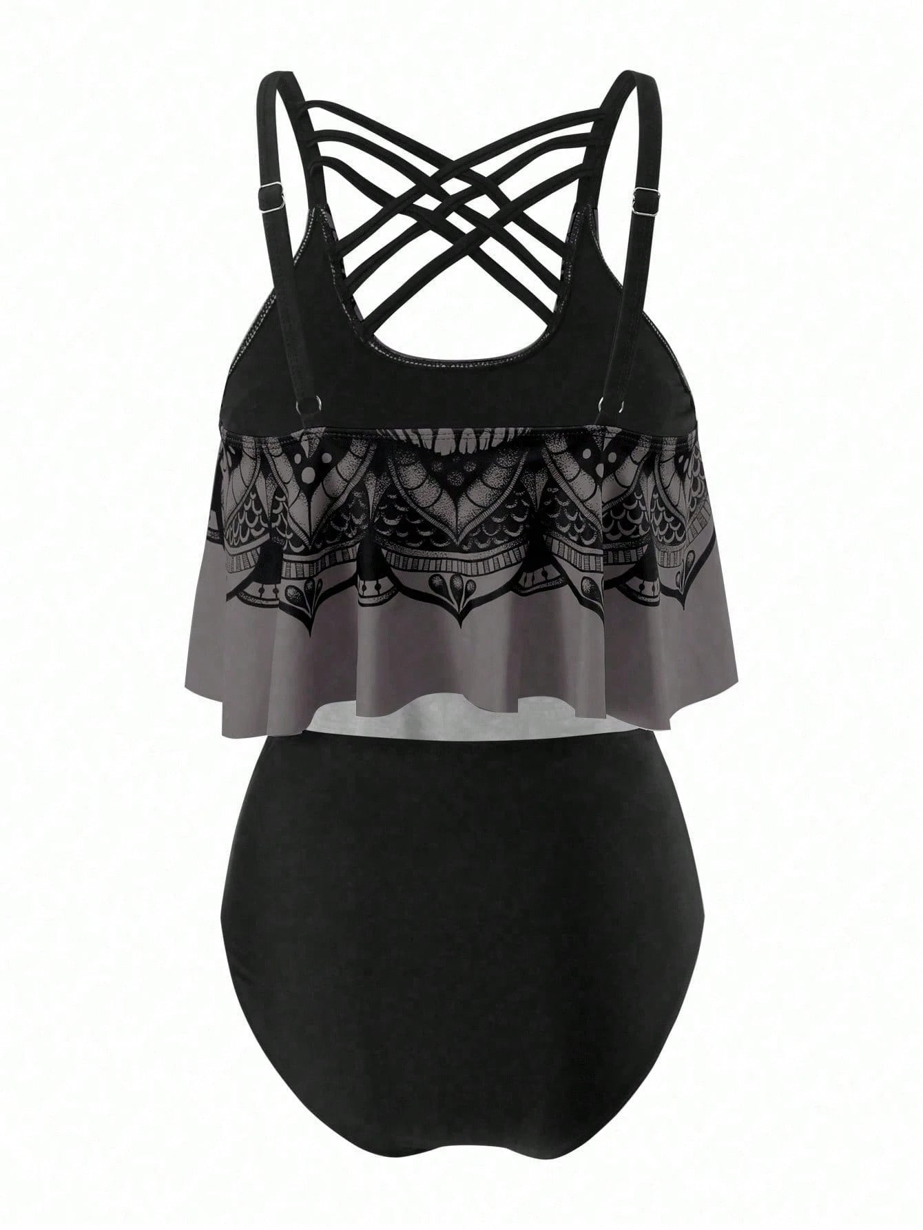 Swim Curve Plus Size Summer Beach Skull Print Asymmetrical Hem Spaghetti Strap Top And Ruched Bottom Tankini Set, Perfect For Pool Party, Halloween