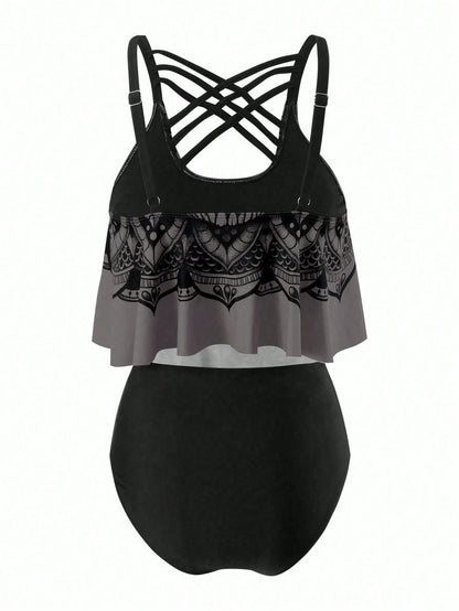 Swim Curve Plus Size Summer Beach Skull Print Asymmetrical Hem Spaghetti Strap Top And Ruched Bottom Tankini Set, Perfect For Pool Party, Halloween