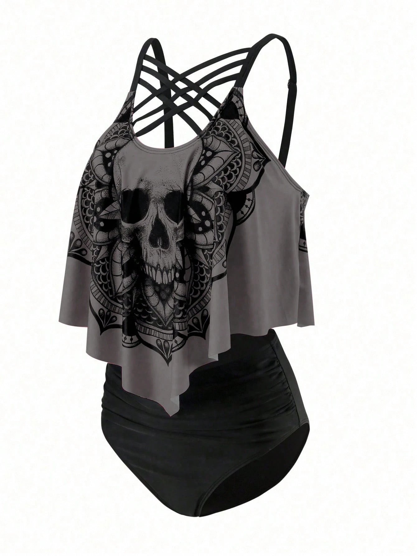 Swim Curve Plus Size Summer Beach Skull Print Asymmetrical Hem Spaghetti Strap Top And Ruched Bottom Tankini Set, Perfect For Pool Party, Halloween