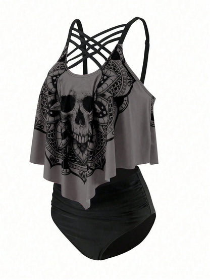 Swim Curve Plus Size Summer Beach Skull Print Asymmetrical Hem Spaghetti Strap Top And Ruched Bottom Tankini Set, Perfect For Pool Party, Halloween