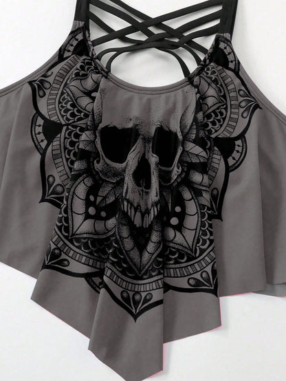 Swim Curve Plus Size Summer Beach Skull Print Asymmetrical Hem Spaghetti Strap Top And Ruched Bottom Tankini Set, Perfect For Pool Party, Halloween
