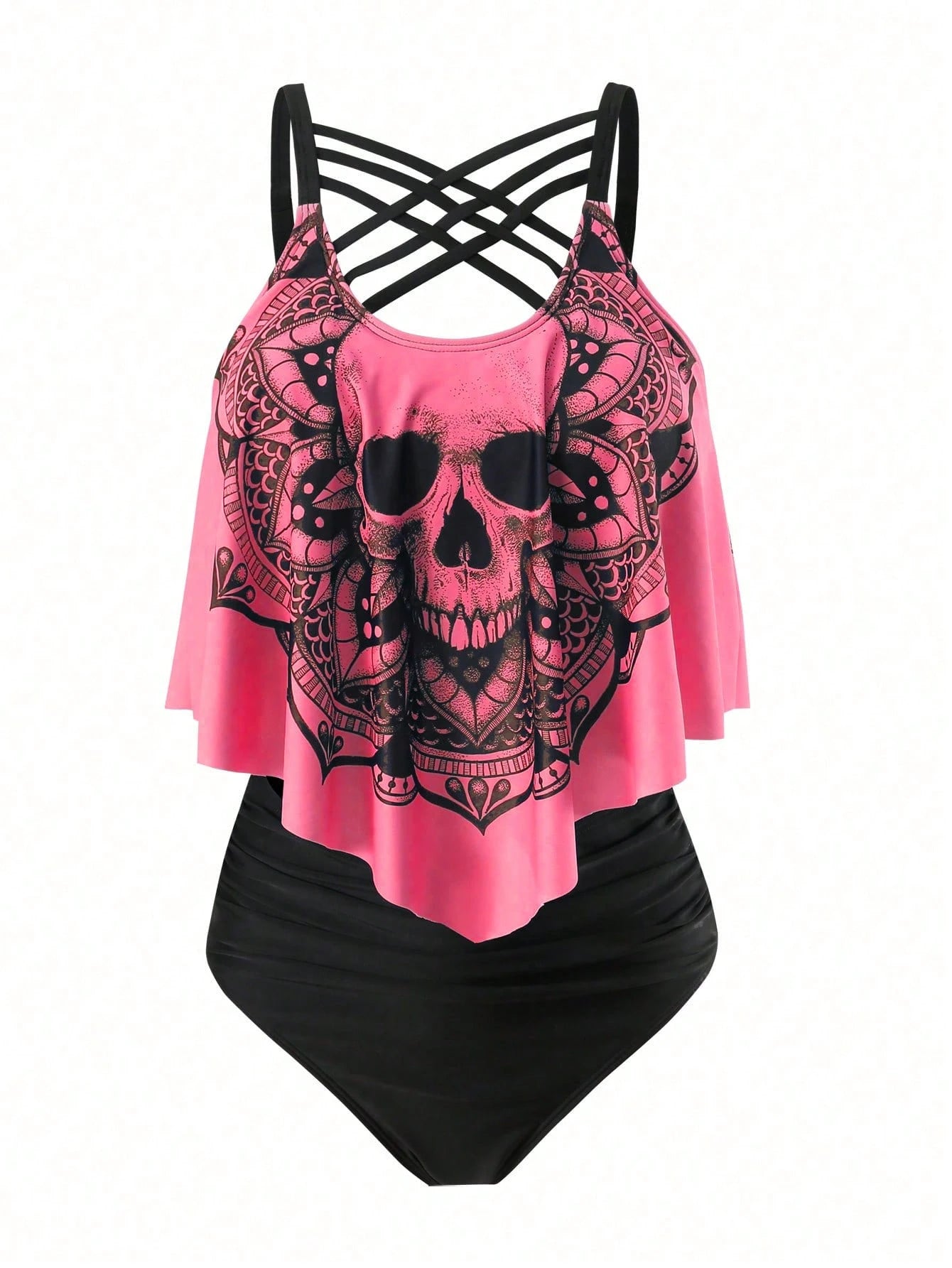 Swim Curve Plus Size Summer Beach Skull Print Asymmetrical Hem Spaghetti Strap Top And Ruched Bottom Tankini Set, Perfect For Pool Party, Halloween