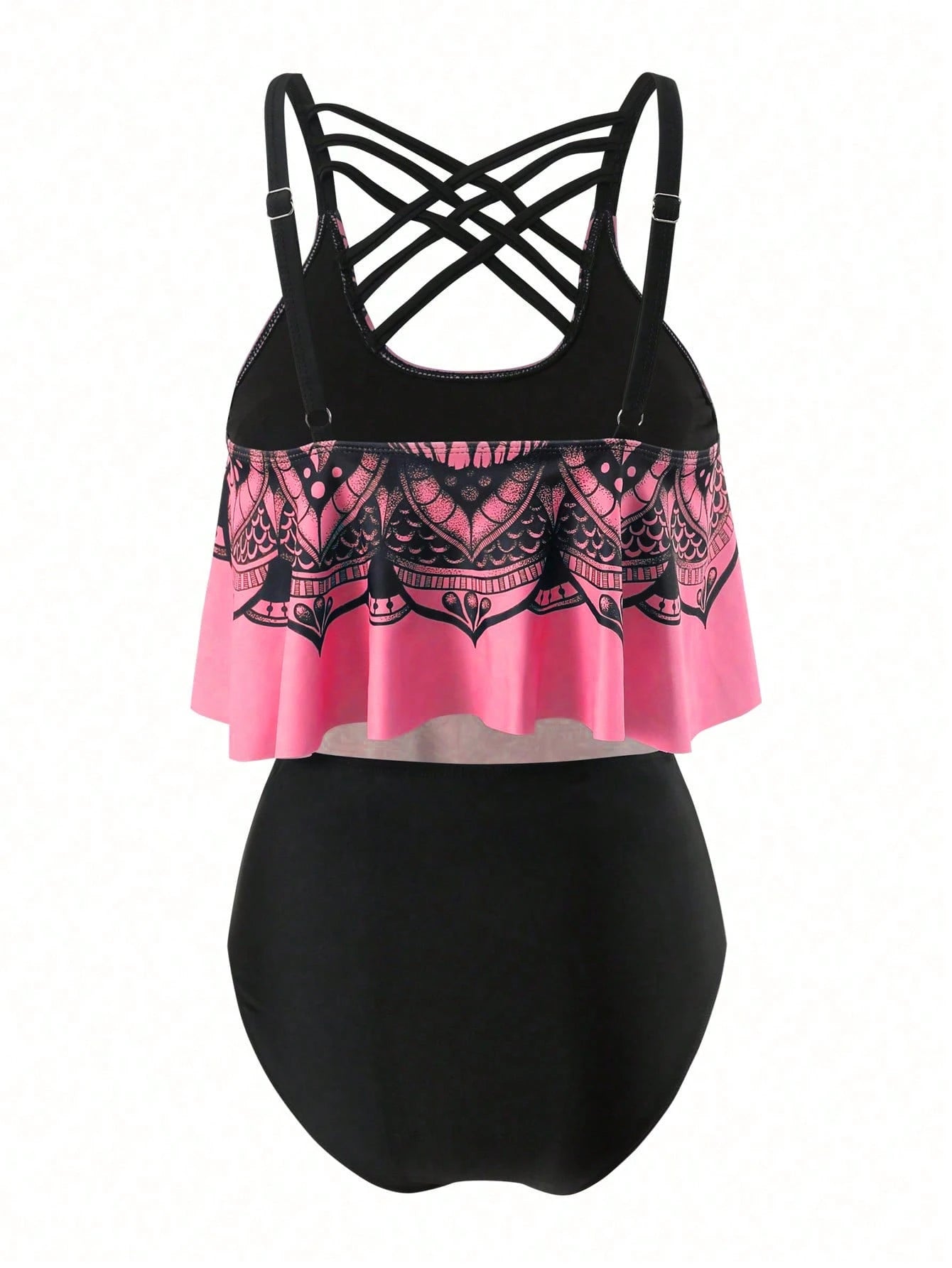 Swim Curve Plus Size Summer Beach Skull Print Asymmetrical Hem Spaghetti Strap Top And Ruched Bottom Tankini Set, Perfect For Pool Party, Halloween