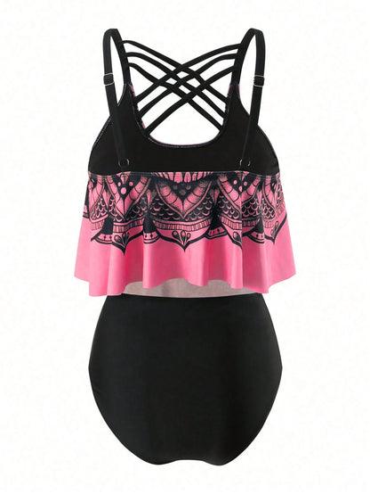 Swim Curve Plus Size Summer Beach Skull Print Asymmetrical Hem Spaghetti Strap Top And Ruched Bottom Tankini Set, Perfect For Pool Party, Halloween
