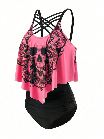 Swim Curve Plus Size Summer Beach Skull Print Asymmetrical Hem Spaghetti Strap Top And Ruched Bottom Tankini Set, Perfect For Pool Party, Halloween