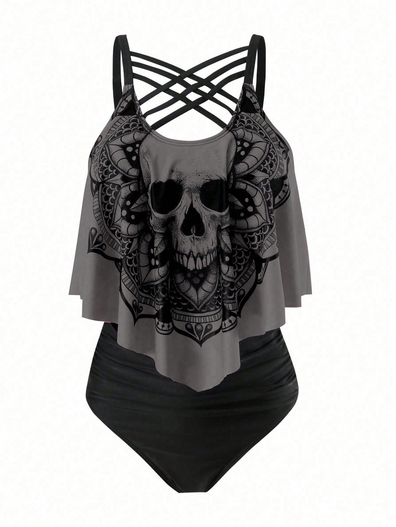 Swim Curve Plus Size Summer Beach Skull Print Asymmetrical Hem Spaghetti Strap Top And Ruched Bottom Tankini Set, Perfect For Pool Party, Halloween