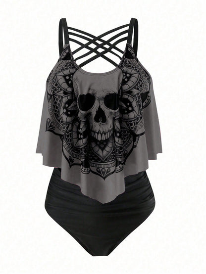 Swim Curve Plus Size Summer Beach Skull Print Asymmetrical Hem Spaghetti Strap Top And Ruched Bottom Tankini Set, Perfect For Pool Party, Halloween