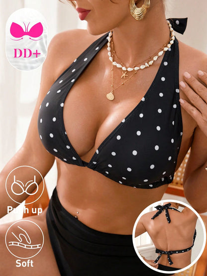 Swim DD+ Women's Polka Dot Print Backless Halter Swimwear Top