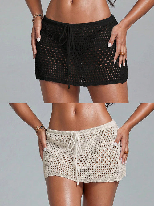 Swim Glamine Hollow Knit Skirt And Top 2 Pieces Set