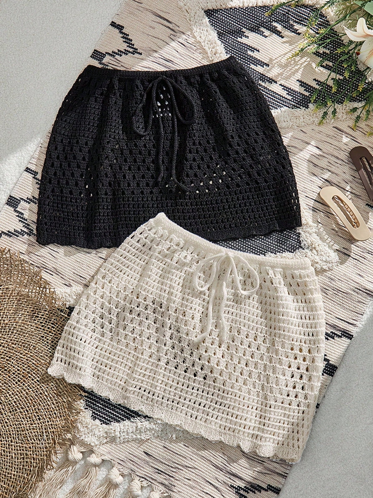 Swim Glamine Hollow Knit Skirt And Top 2 Pieces Set