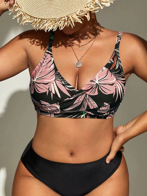 Swim Lushoire 1pc Plus Size Women Random Print Cami Separate Fashionable Casual Beach Vacation Swimwear Top For Summer