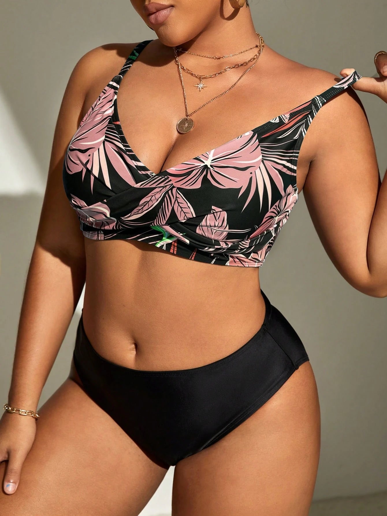 Swim Lushoire 1pc Plus Size Women Random Print Cami Separate Fashionable Casual Beach Vacation Swimwear Top For Summer