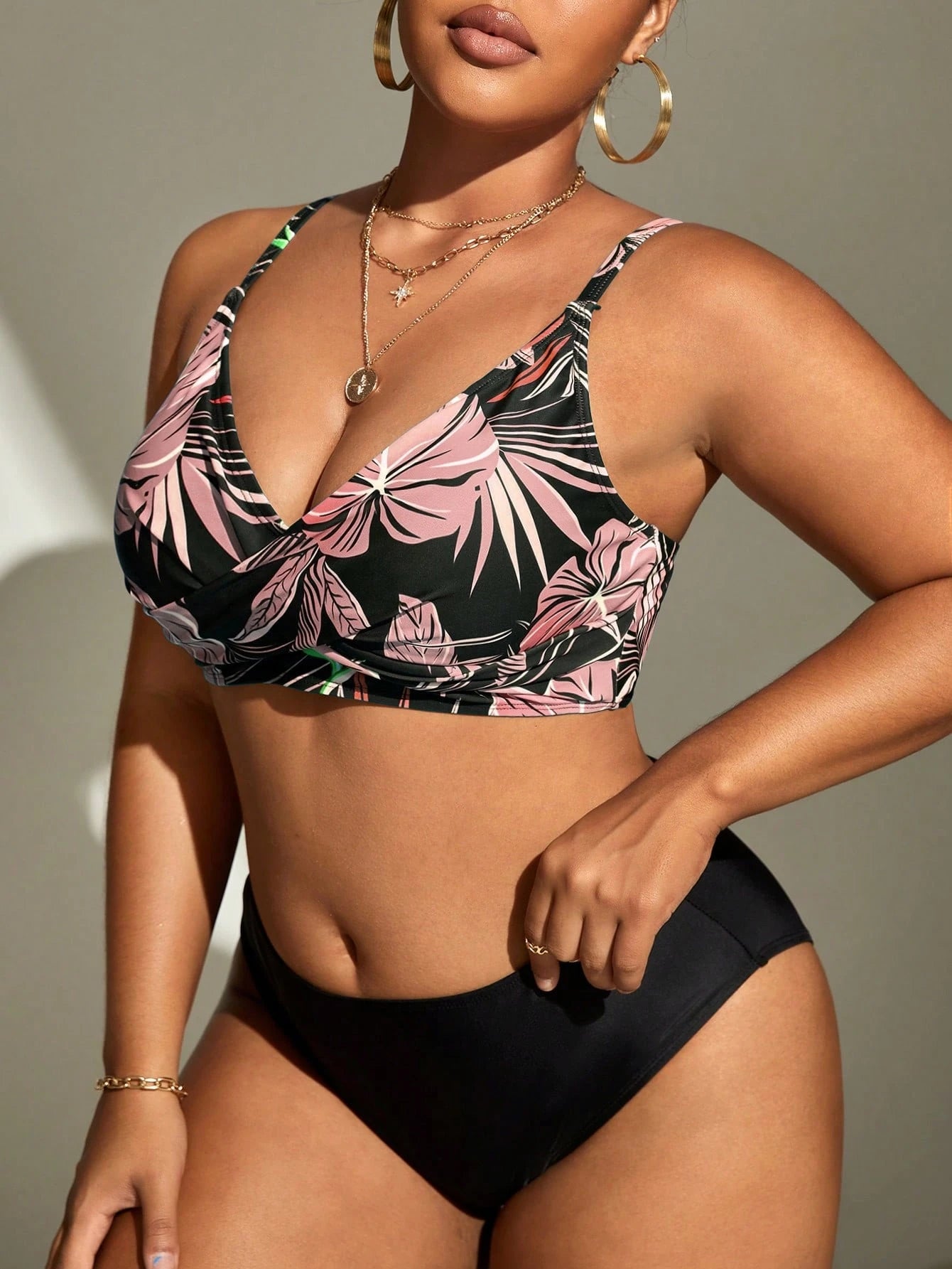 Swim Lushoire 1pc Plus Size Women Random Print Cami Separate Fashionable Casual Beach Vacation Swimwear Top For Summer