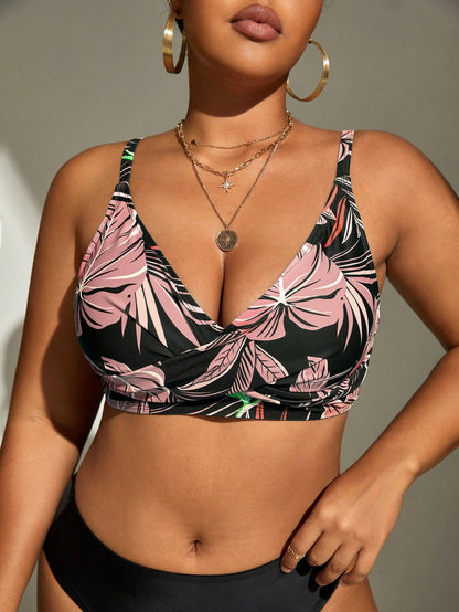 Swim Lushoire 1pc Plus Size Women Random Print Cami Separate Fashionable Casual Beach Vacation Swimwear Top For Summer