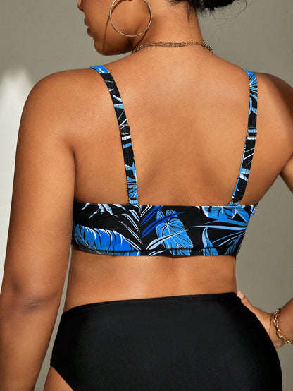 Swim Lushoire 1pc Plus Size Women Random Print Cami Separate Fashionable Casual Beach Vacation Swimwear Top For Summer