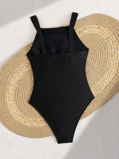 Swim Lushoire 1pc Solid Color Ruched Tummy Control One-Piece Swimsuit For Women For Summer Beach Vacation