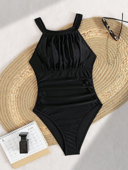 Swim Lushoire 1pc Solid Color Ruched Tummy Control One-Piece Swimsuit For Women For Summer Beach Vacation