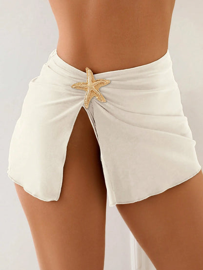 Swim Lushoire 1pc Women's Beach Vacation Stylish Sexy Solid Color Side Starfish Decor Slit Cover-Up Tunic For Summer