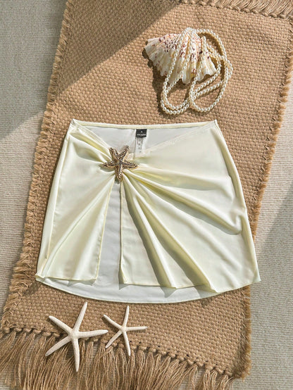 Swim Lushoire 1pc Women's Beach Vacation Stylish Sexy Solid Color Side Starfish Decor Slit Cover-Up Tunic For Summer