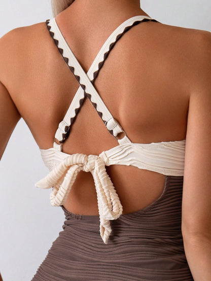 Swim Lushoire 1pc Women's One-Piece Swimsuit, Wavy Pattern Sexy European-American Style Conservative Criss-Cross Beach Swimsuit