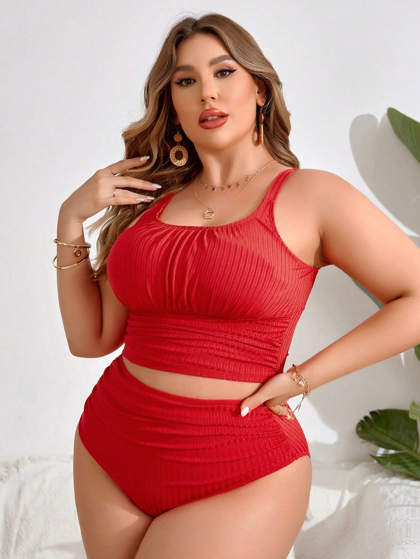 Swim Lushoire 2-Piece Plain Color Plus Size Tankini Set For Women Summer