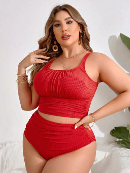 Swim Lushoire 2-Piece Plain Color Plus Size Tankini Set For Women Summer