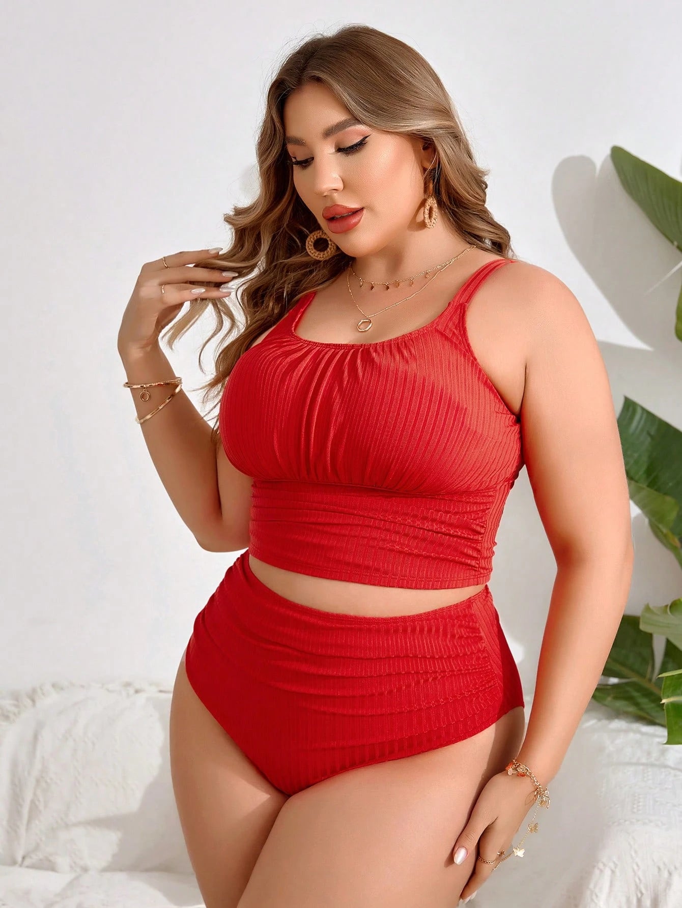 Swim Lushoire 2-Piece Plain Color Plus Size Tankini Set For Women Summer