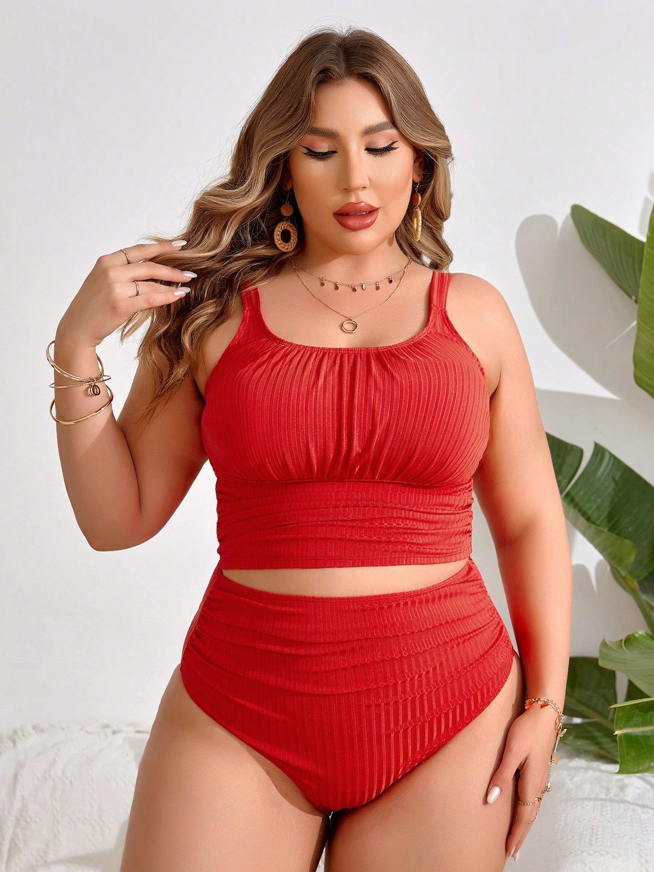 Swim Lushoire 2-Piece Plain Color Plus Size Tankini Set For Women Summer
