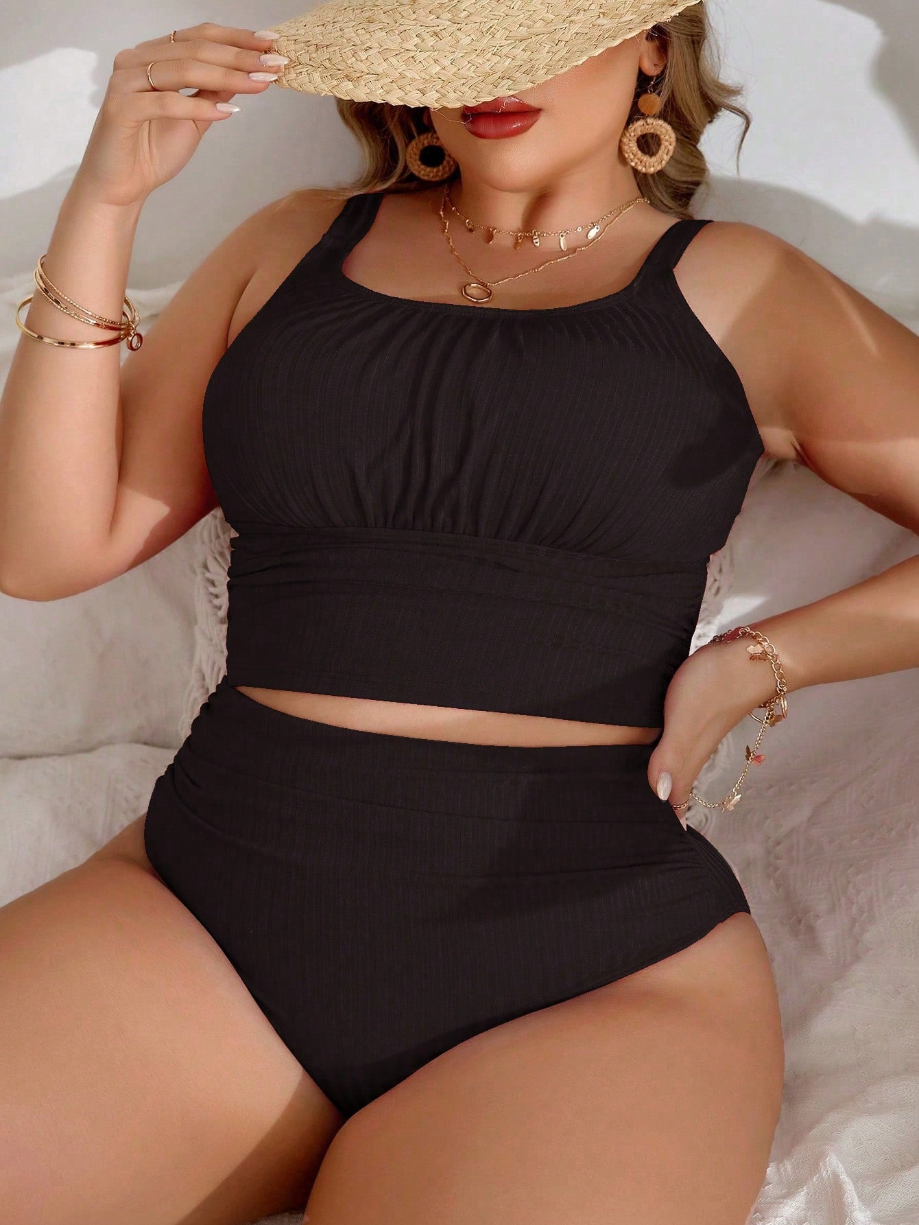 Swim Lushoire 2-Piece Plain Color Plus Size Tankini Set For Women Summer