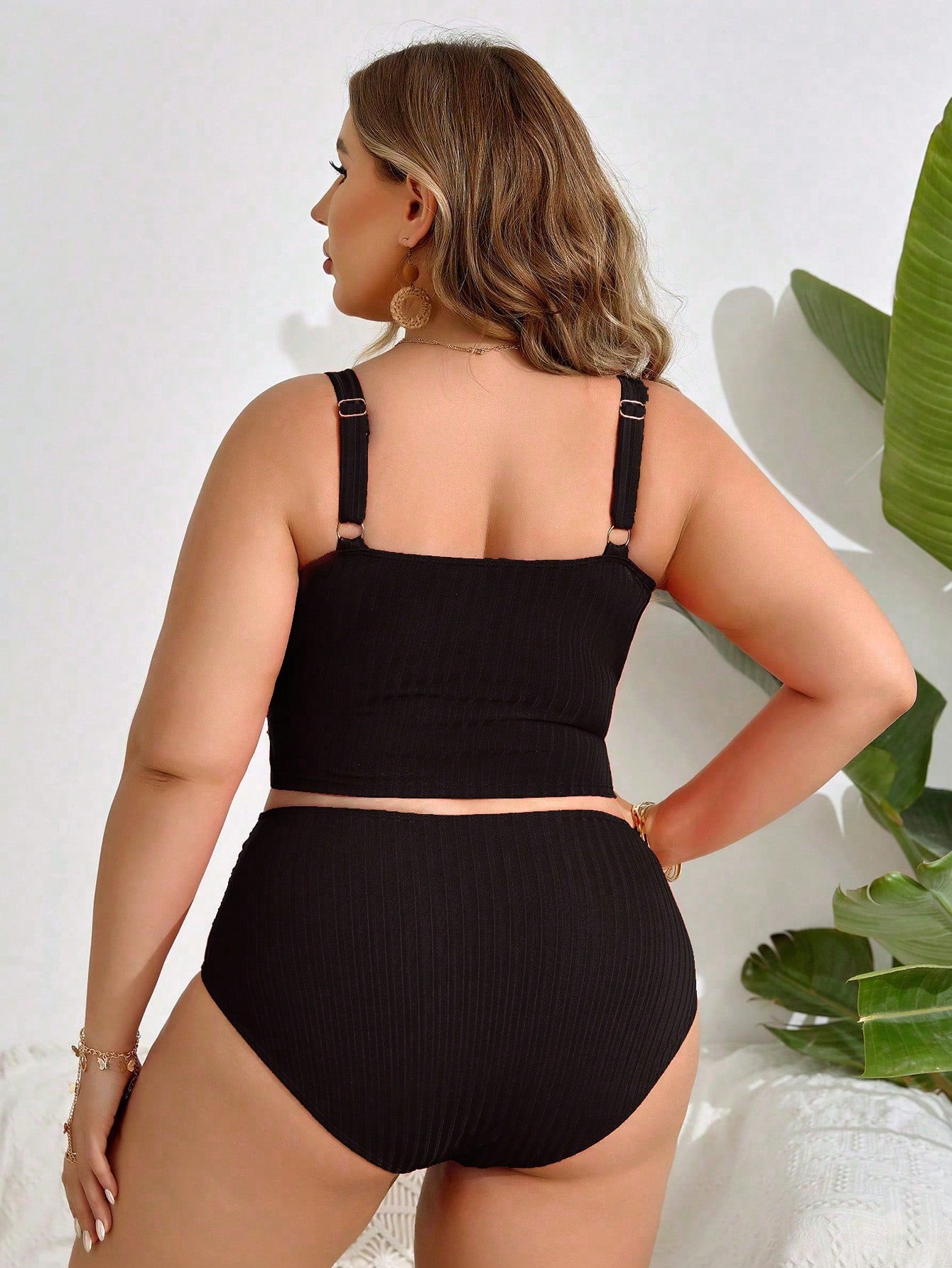 Swim Lushoire 2-Piece Plain Color Plus Size Tankini Set For Women Summer