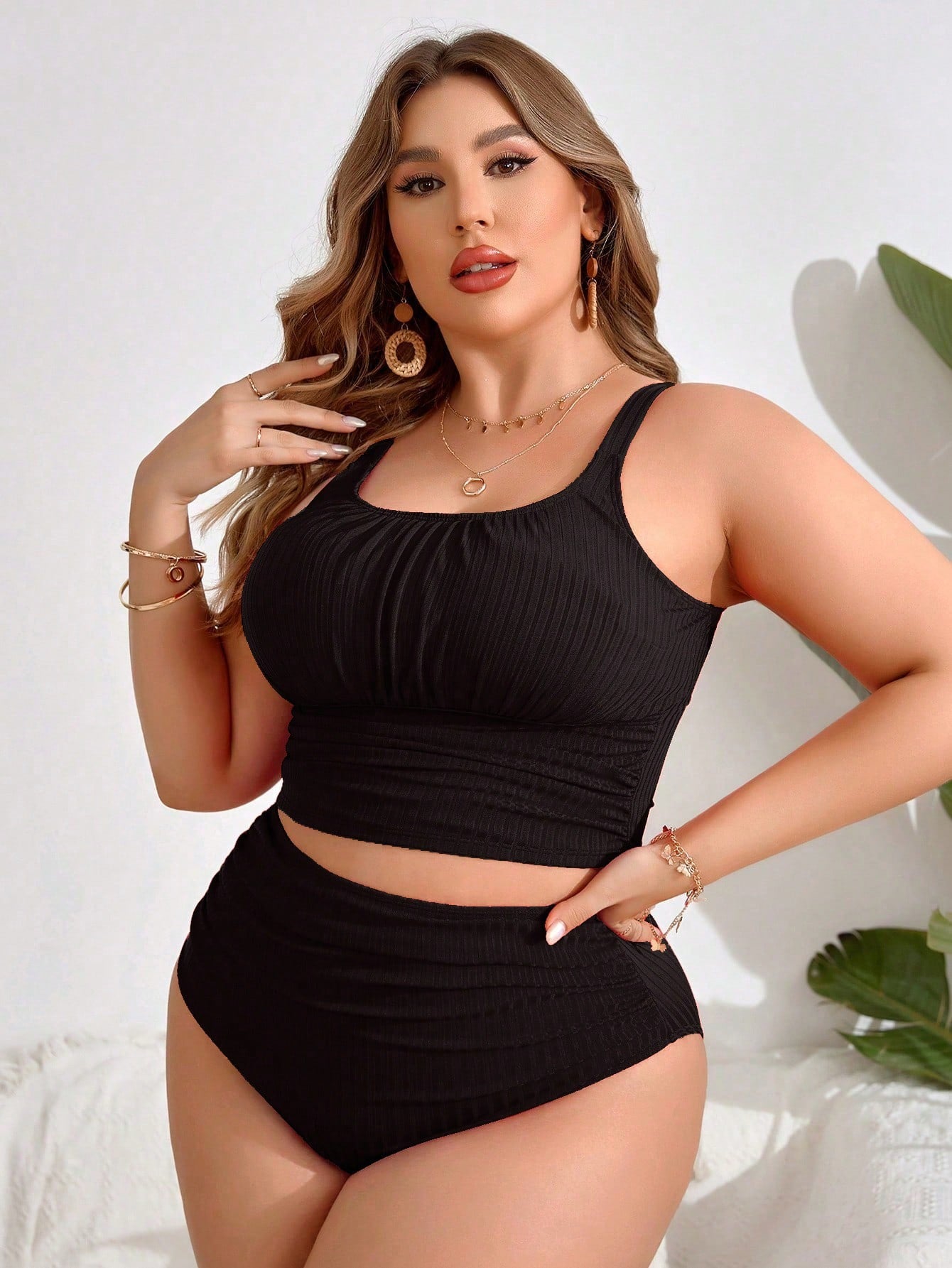 Swim Lushoire 2-Piece Plain Color Plus Size Tankini Set For Women Summer