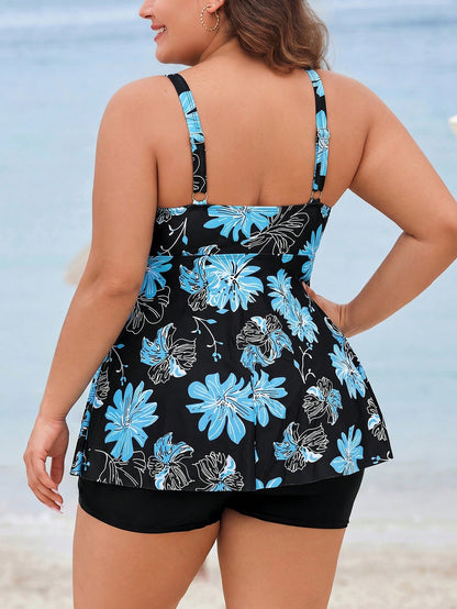 Swim Lushoire 2026 New Plus Size Women's One-Piece Swim Dress, Summer Holiday Beach Vacation With Blue Floral Print, V-Neck, A-Line Skirt, Built-In Swim Shorts