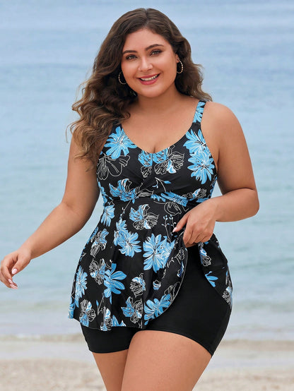 Swim Lushoire 2026 New Plus Size Women's One-Piece Swim Dress, Summer Holiday Beach Vacation With Blue Floral Print, V-Neck, A-Line Skirt, Built-In Swim Shorts