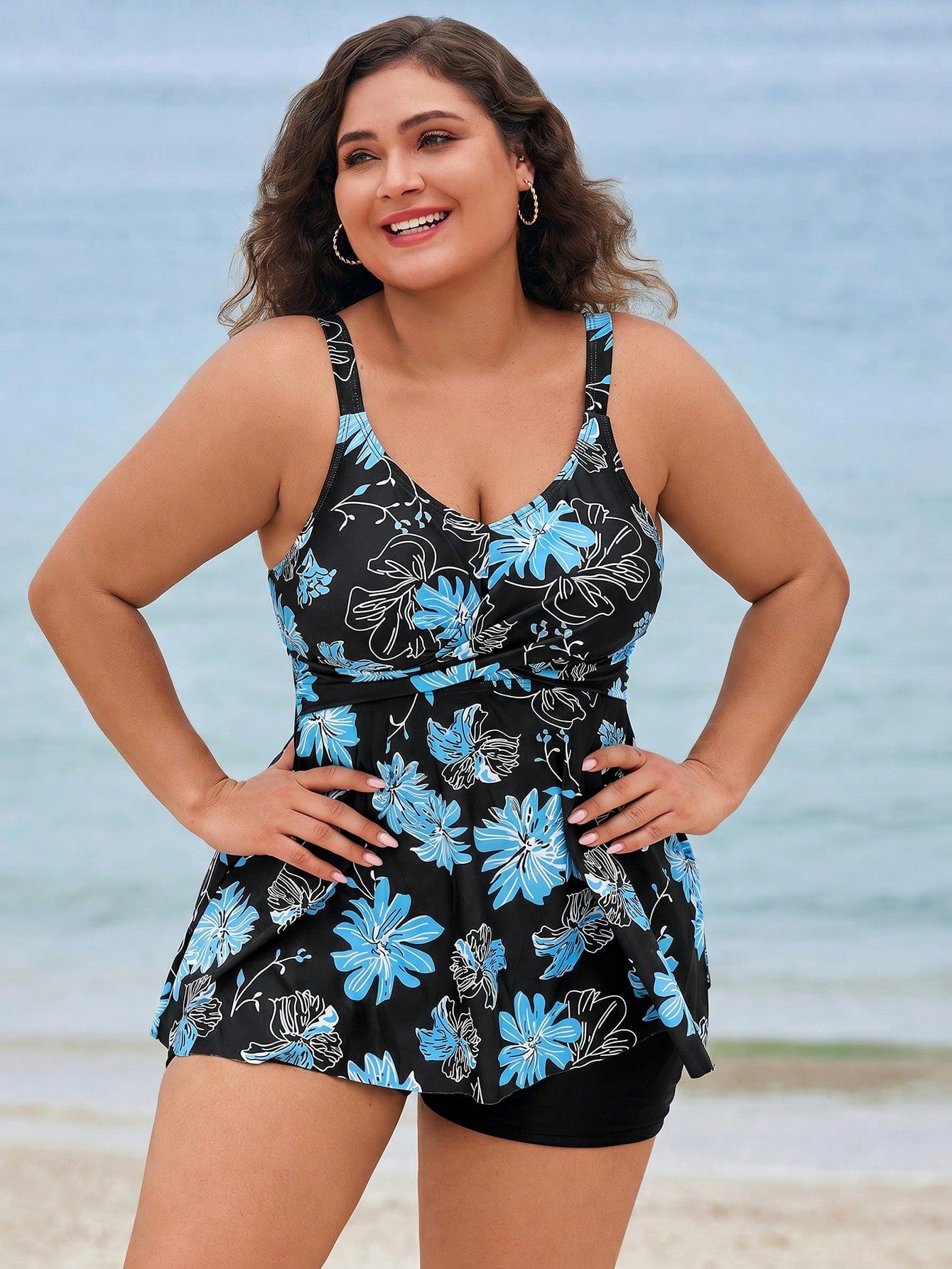 Swim Lushoire 2026 New Plus Size Women's One-Piece Swim Dress, Summer Holiday Beach Vacation With Blue Floral Print, V-Neck, A-Line Skirt, Built-In Swim Shorts