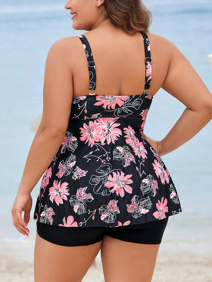 Swim Lushoire 2026 New Plus Size Women's One-Piece Swim Dress, Summer Holiday Beach Vacation With Blue Floral Print, V-Neck, A-Line Skirt, Built-In Swim Shorts