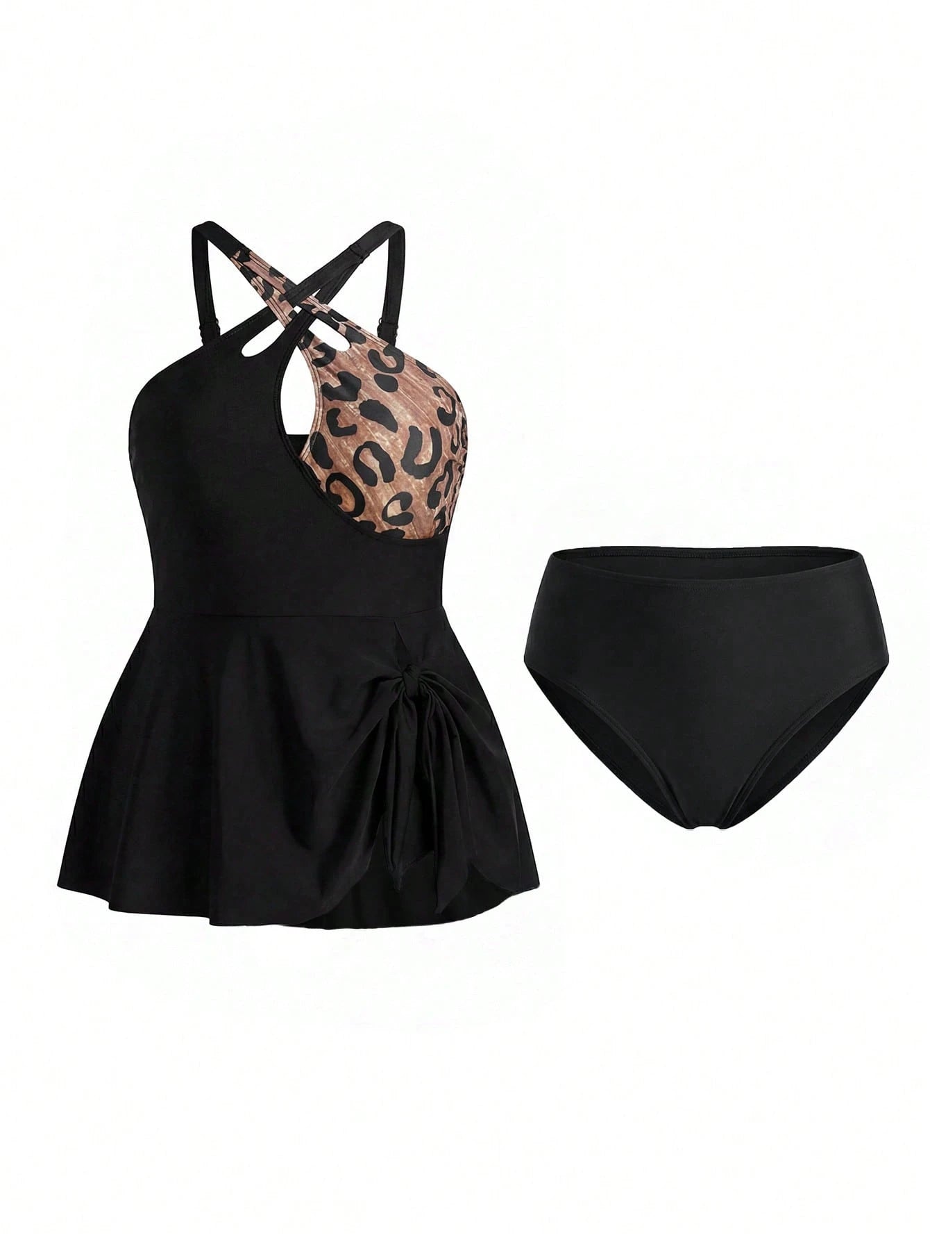 Swim Lushoire 2026 New Plus Size Women Summer Beach Vacation Spaghetti Strap Bikini, Solid Color & Leopard Print Patchwork Design