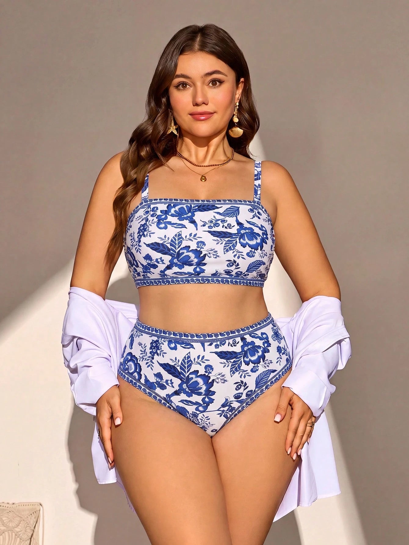 Swim Lushoire 2026 New Summer Beach 2-Piece Women's Spring/Summer Beach Vacation Elegant Romantic Bohemian Style Tropical Leaf, Floral, Landscape Print Asymmetric Shoulder Strap One-Piece Swimsuit And